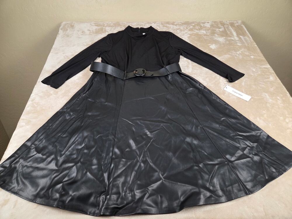 Calvin Klein Mock Neck Matte Jersey Faux Leather Mixed Media Belted A-line Dress